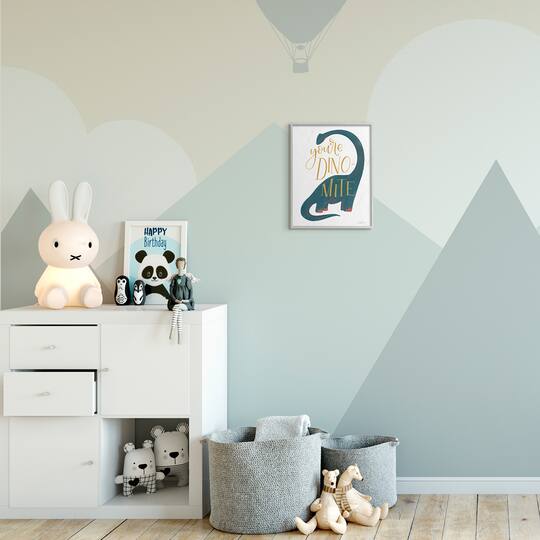Stupell Industries You're Dino-Mite Phrase Blue Long Neck Dinosaur in Gray Frame Wall Art